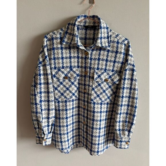 LCW Vision Womens Long Sleeve Button Down Shirt Jacket White Blue Plaid Sz M/L - Picture 1 of 10